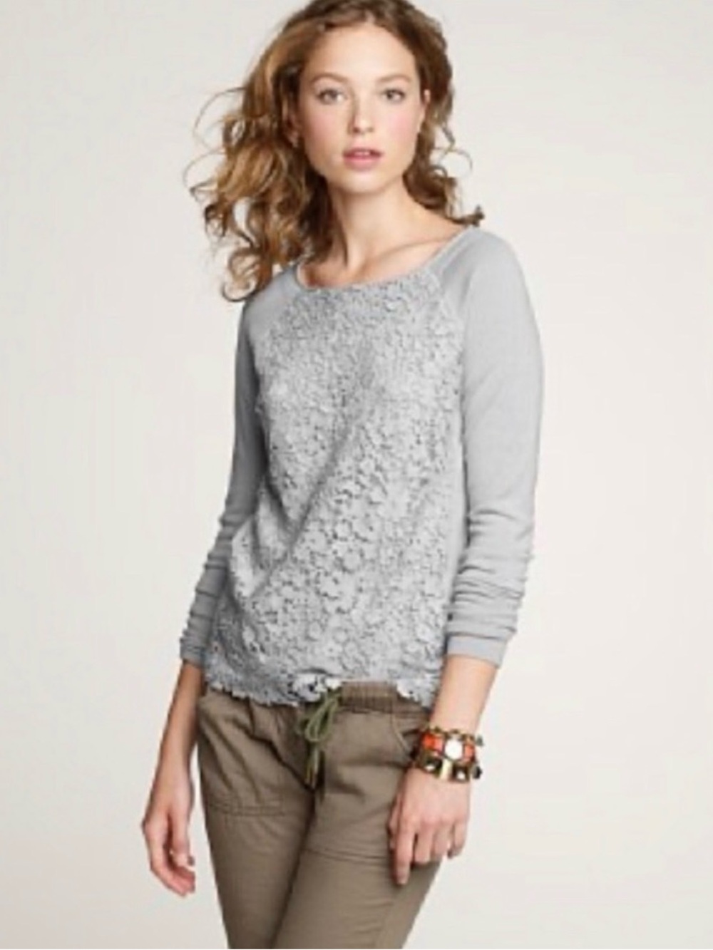 J. Crew Collection Lady Lace Popover Merino Wool Light Gray Women's Sweater M